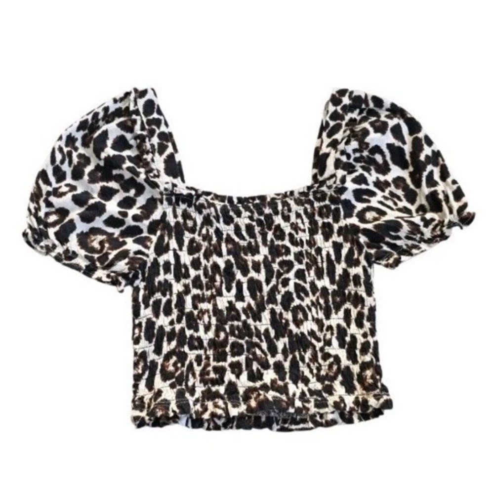 MONTEAU LA Sz S Crop Top Linen Blend Animal Leopard Smocked Shirt Puff Sleeve